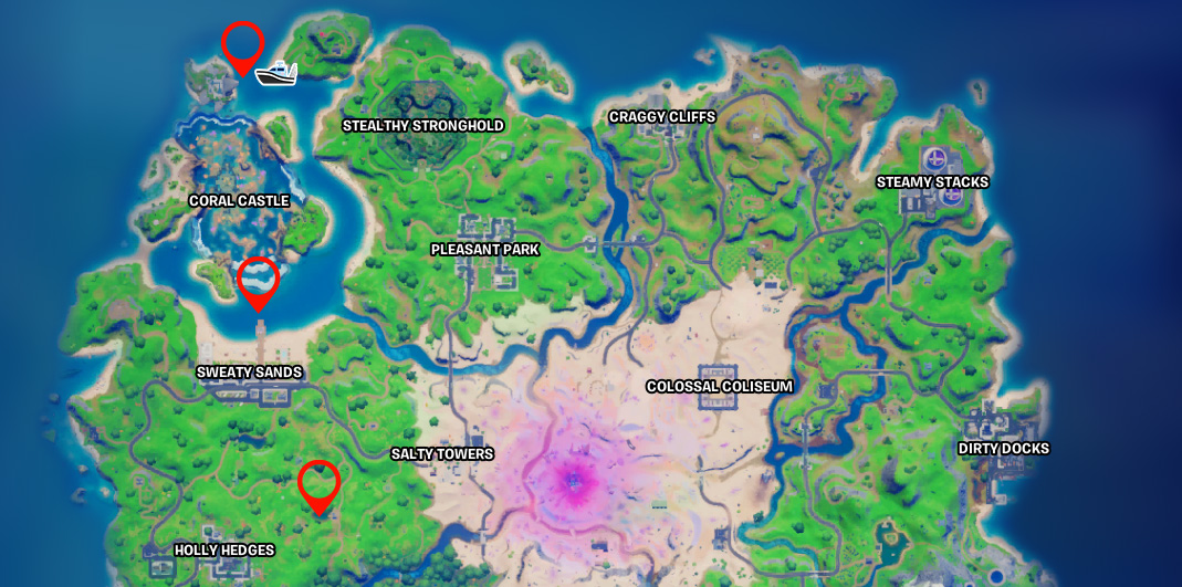 Wie man Angellöcher in Sharky Shell, Sweaty Sands oder Flopper Pond in Fortnite Map in die Luft jagt