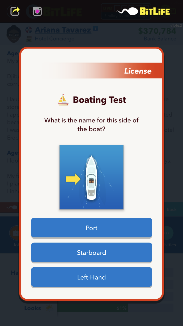 So erhalten Sie einen Bootsführerschein in BitLife - Frage 2