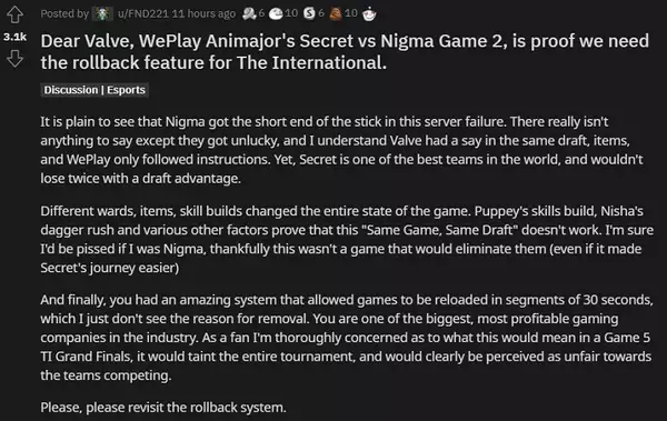 Dota 2 Rollback-Funktion Weplay Animajor Rematch Secret Nigma The International 10 Valve