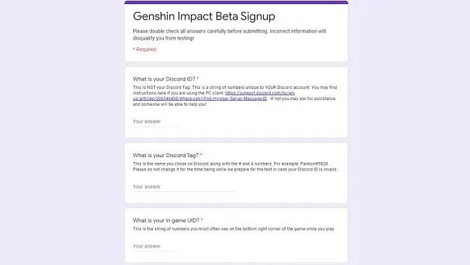 Anmeldeformular für das Genshin Impact Beta-Programm