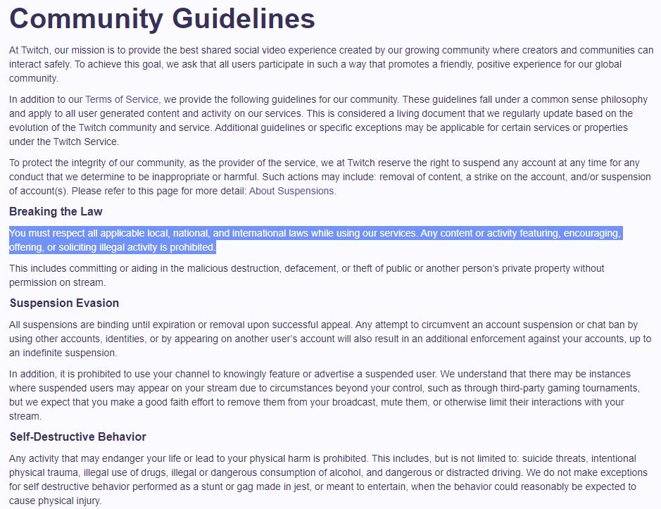 twitch-Community-Richtlinien zum Verstoß gegen das Gesetz