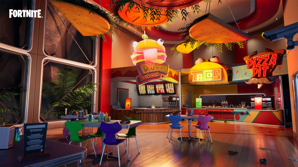 Fortnite Impostors Food Court-Bereich von der Brücke aus