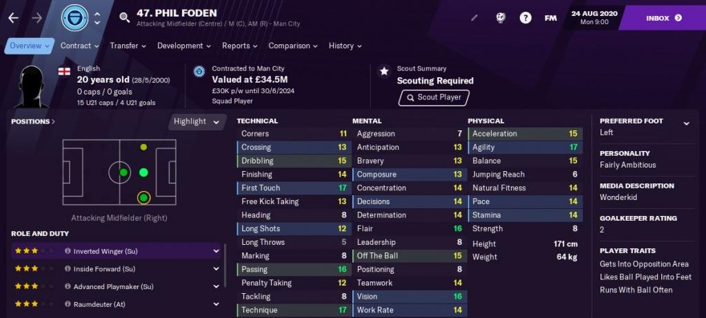 Phil Foden Football Manager 2022 beste junge offensive Mittelfeldspieler