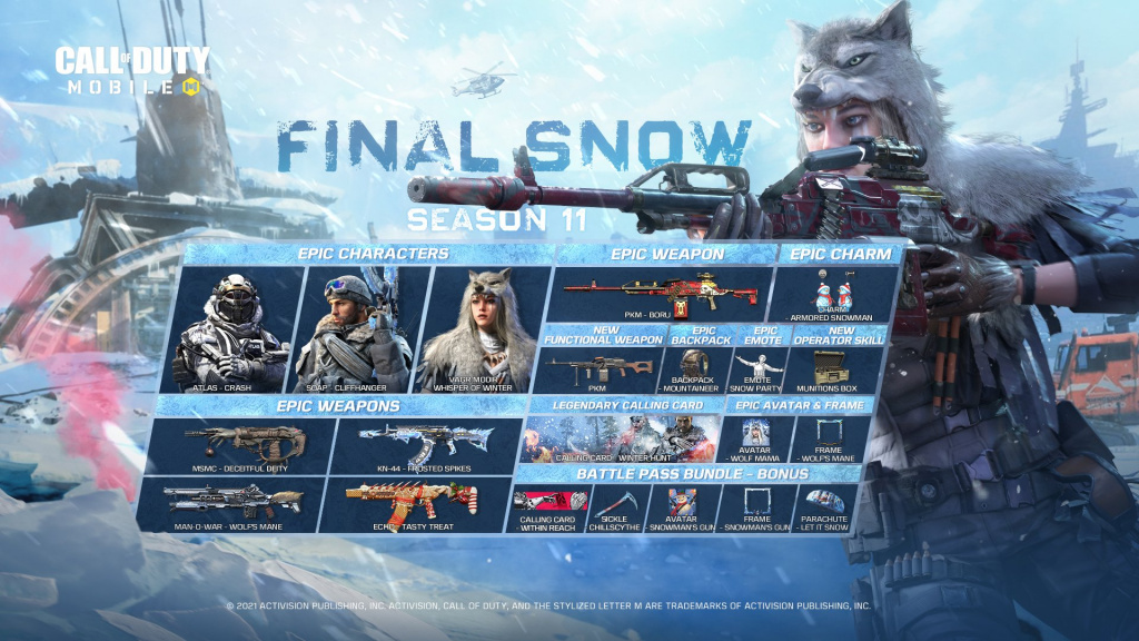 COD Mobile Season 11 Battle Pass Final Snow Release Datum Zeit Preis Inhalt Charaktere Blaupausen bündeln Premium-Belohnungsstufen