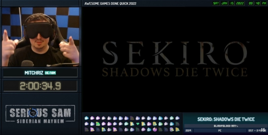 Mitchriz mit verbundenen Augen Speedrunner Speedrunning Speedrun Sekiro Shadows sterben zweimal Awesome Games Done Quick AGDQ