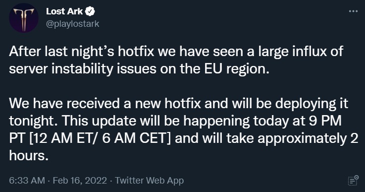 Lost Ark Hotfix-Update vom 16. Februar Patchnotizen Server-Instabilitätsprobleme Behebung von Problemen in der EU-Region