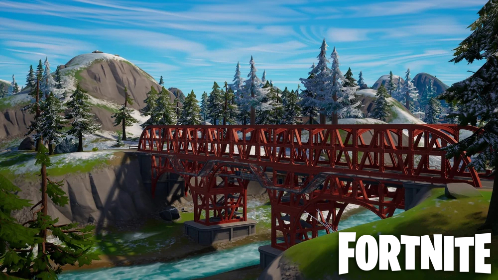 Bei einer der Fortnite Chapter 3 Season 2 Resistance-Quests müssen die Spieler in einem Fahrzeug über die Behemoth Bridge fahren. Hier ist die Position auf der Karte.