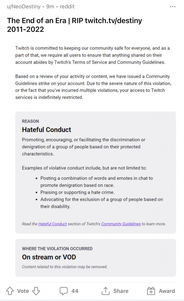 Warum hat Twitch das Schicksal hasserfülltes Verhalten verboten?