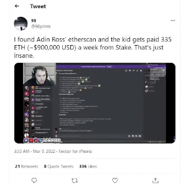 adin ross Gambling Streams Einnahmen Original-Tweet gelöscht