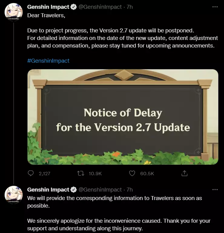 Offizieller Tweet von HoYoverse auf Genshin Impact Twitter-Handle bezüglich der Verzögerung.