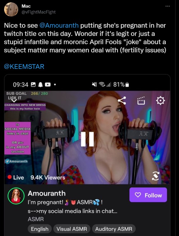 Amouranth Gegenreaktion Schwangerschaft Aprilscherz