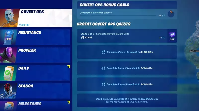 Fortnite Covert Ops Quests Phasen listet Phase 1 Herausforderungen auf