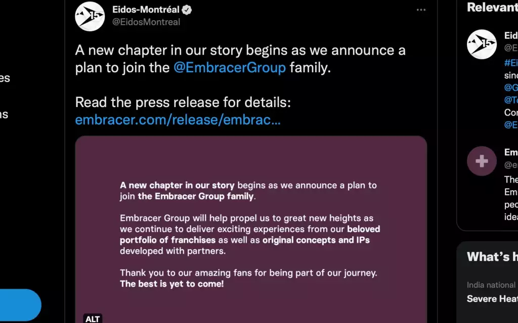 Umarmungsgruppe Square Enix Studio Akquisition Eidos Montreal Twitter Tweeted Post Statement