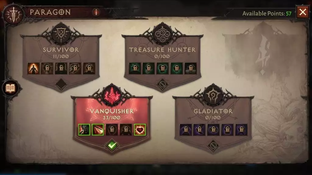 Diablo Immortal Paragon-Bäume schalten Level frei Überlebender Bezwinger Soldat Schatzsucher Gladiator Mastermind Attribute Fähigkeiten