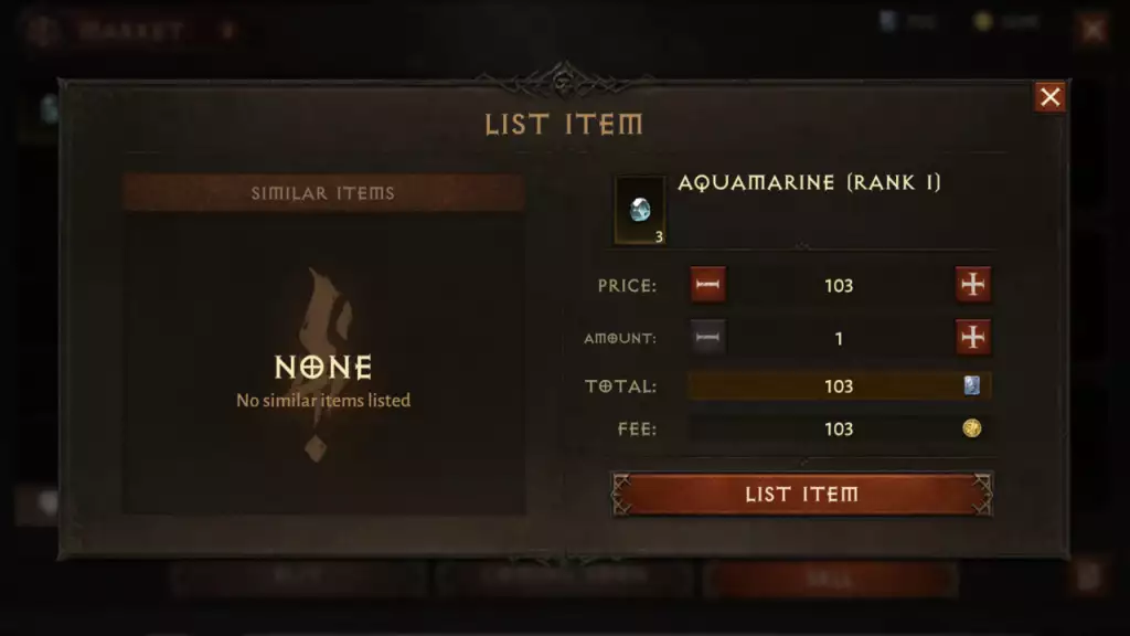 Diablo Immortal Marketplace-Menü zum Verkauf von Artikeln