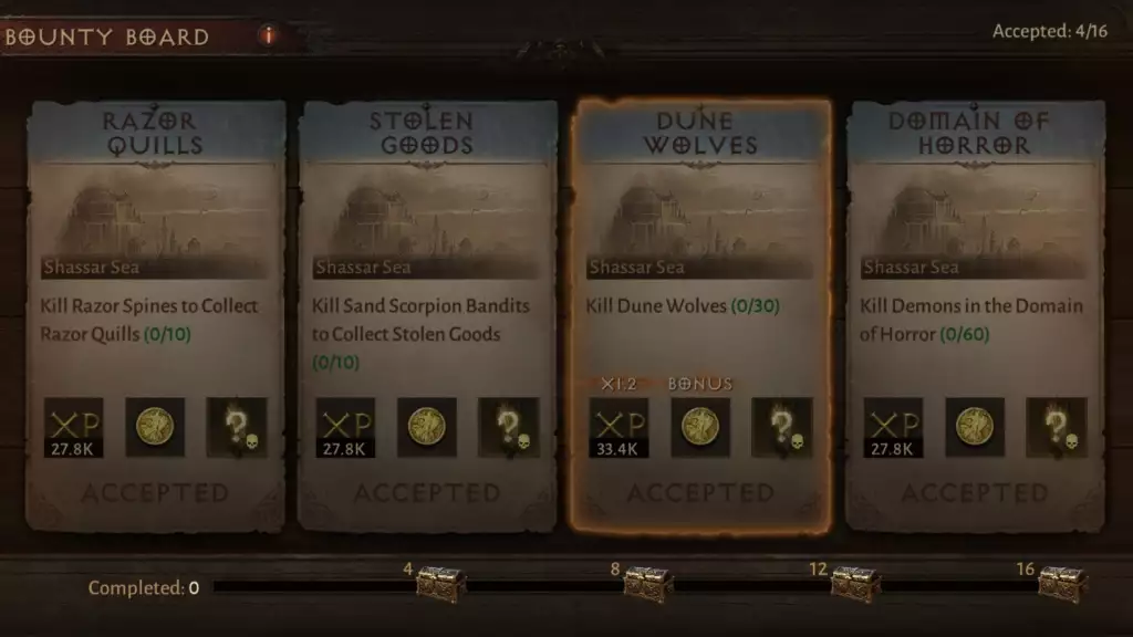 Diablo Unsterblicher Leitfaden Bounties Bounty Board Interface UI Prämien akzeptieren