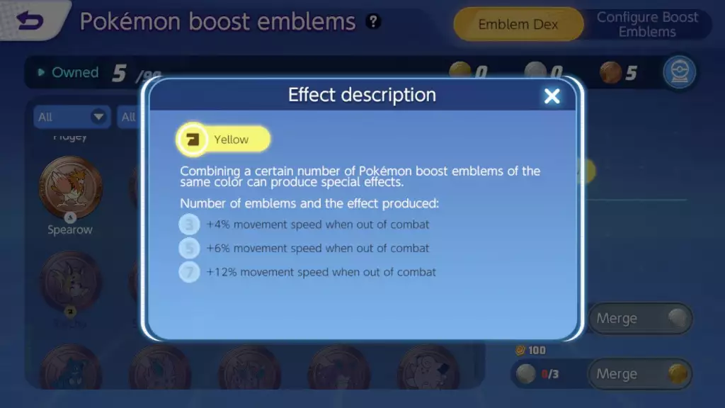 pokemon unite boost embleme farbeffekte gelb beschreibung bewegungsgeschwindigkeit außerhalb des kampfes erhöhter stat
