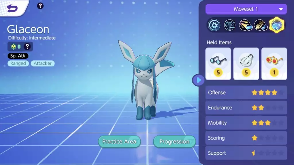 Pokémon Unite Glaceon baut spezielle Angriffsgegenstände Kampfgegenstände