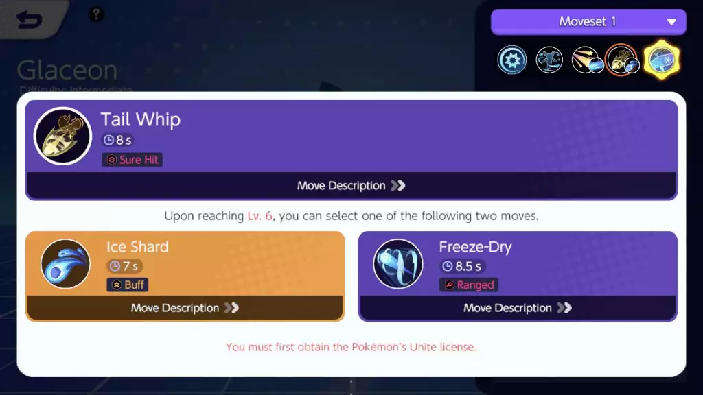 pokemon unite glaceon bewegt level 6 schwanzpeitsche eissplitter gefriertrocken