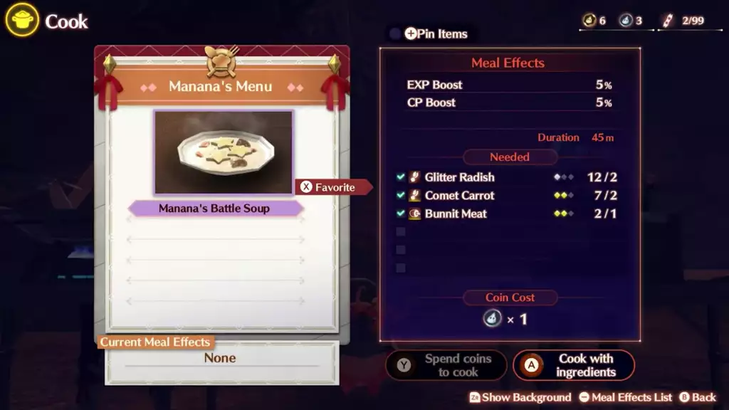 Xenoblade Chronicles 3 Anleitung Kochen So entsperren Sie die Kochschnittstelle ui Rezeptliste Zutaten