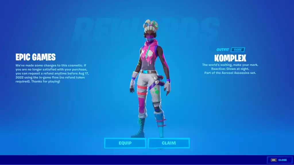 Fortnite-Spieler erhalten ein Popup, um das Komplex-Outfit zu beanspruchen.