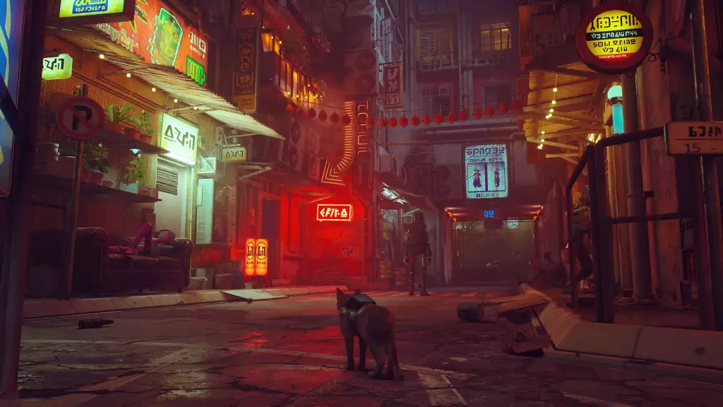 Streunendes Gameplay bietet Katzenfähigkeiten Stadtstraßen Hongkong Neonlichter