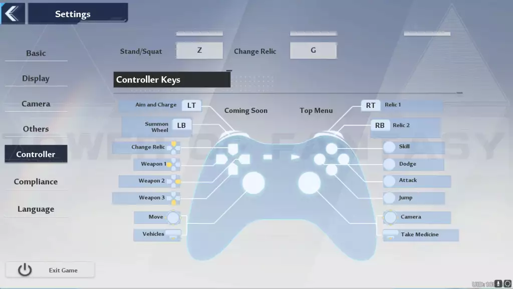 Tower of Fantasy-Controller-Steuerelemente im Einstellungsbereich des Spiels.