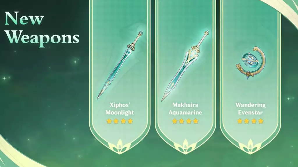 Genshin Impact 3.1 Livestream Update Neue Waffen 4-Sterne Makhaira Aquamarine Wandering Evenstar Xiphos Moonlight