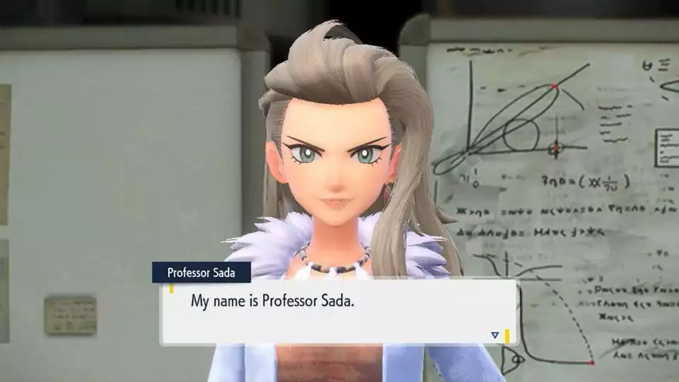 scharlachrote und violette Pokemon-Zeichen leiten das Aussehen des Namens Professor Sada