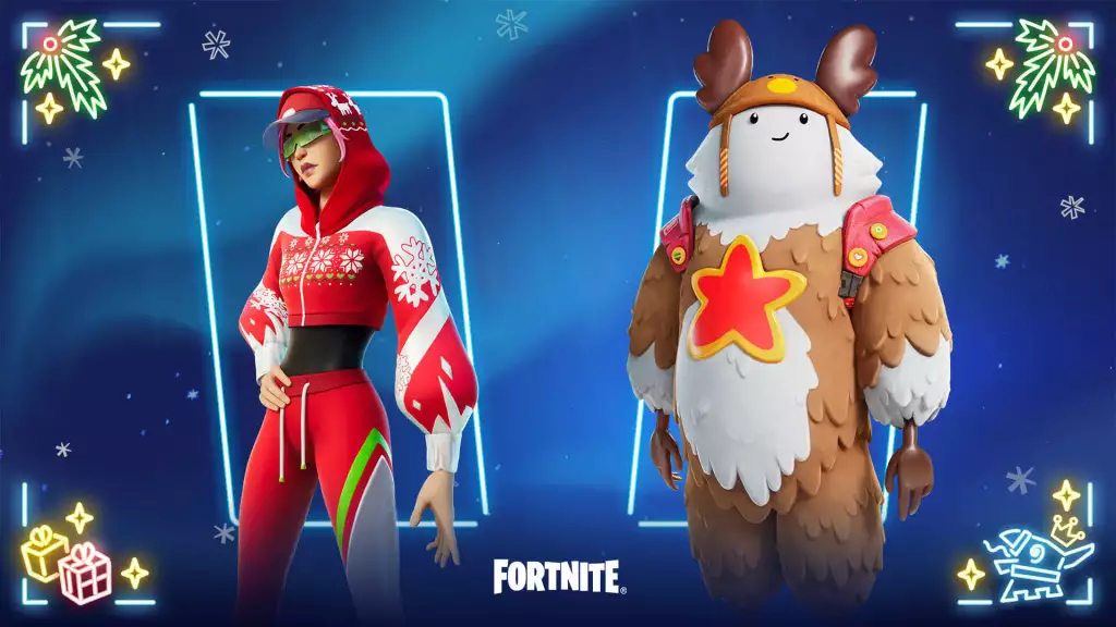 Arctic Adeline Outfit und Sled Ready Guff Outfit in Fortnite Winterfest Lodge 2022.