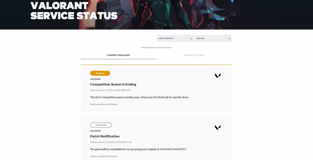 Offizielle Ausfallzeit des Valorant-Servers.