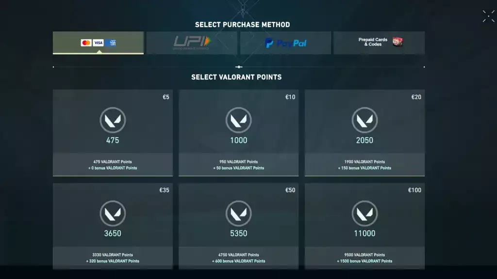 Valorant Points (VP) Preise in allen Regionen.