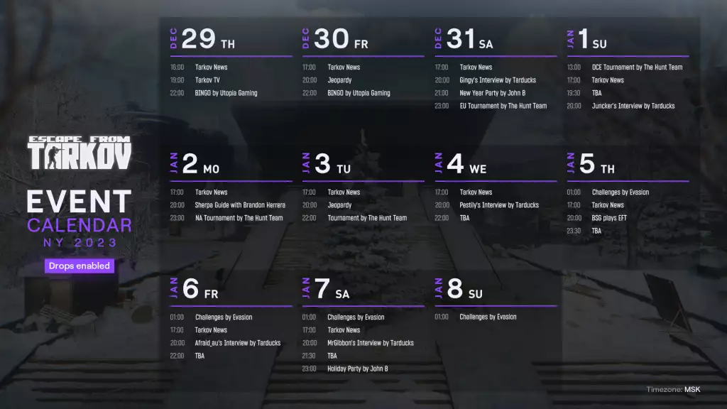 Escape From Tarkov 2023 Neujahrs-Veranstaltungskalender.