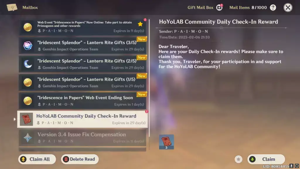 Sammeln Sie Ihre Belohnungen von Genshin Impact In-Game-Mail.