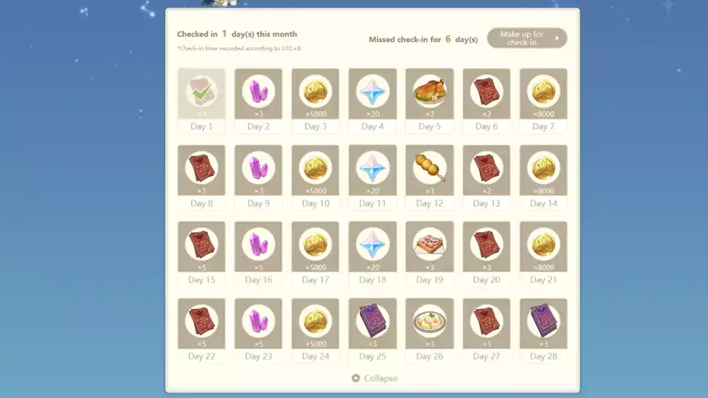 Tägliche Check-in-Belohnungen für Genshin Impact.