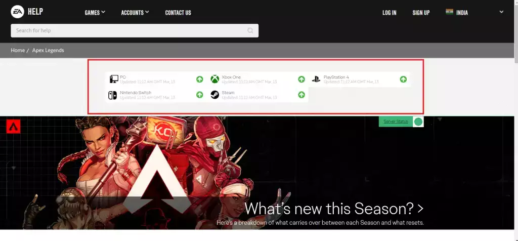 Apex Legends-Serverstatus für verschiedene Plattformen.