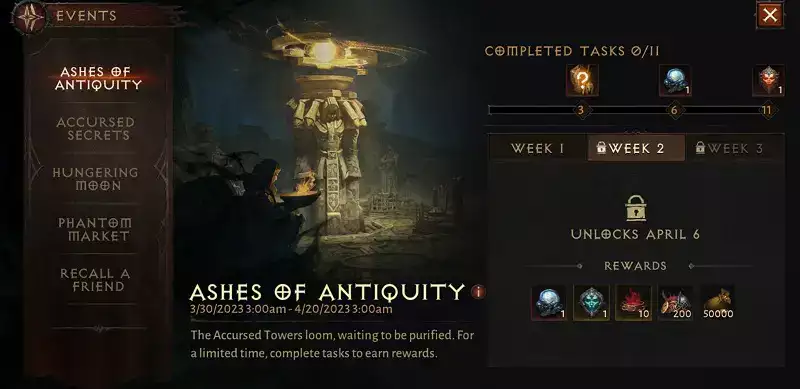 Diablo Immortal Ashes of Antiquity Veranstaltungstermine Wochen Belohnungen Aufgaben Ende Start