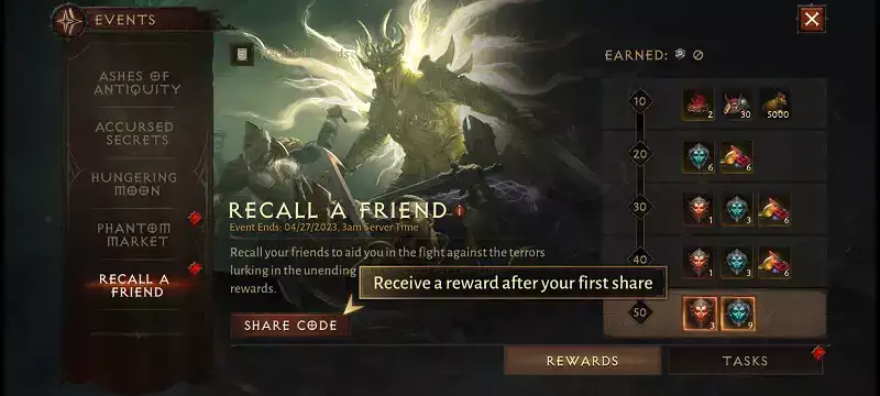 Diablo Immortal Recall a Friend Event Programmcode Daten Beginn Ende Anforderungen Belohnungen Beute