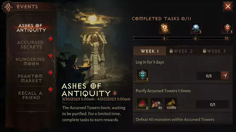 Diablo Immortal Ashes of Antiquity Veranstaltungstermine Wochen Belohnungen Aufgaben Ende Start