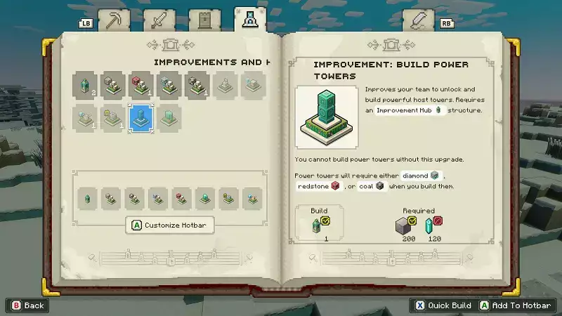 minecraft legends power towers bauen sammeln freischalten frostschutz sprengen betäuben ressourcenkosten