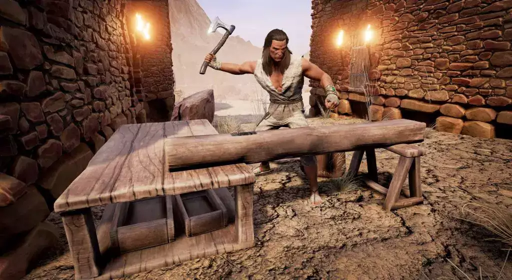 Conan Exiles Materialien führen geformtes Holz, wie man eine Tischlerbank bekommt