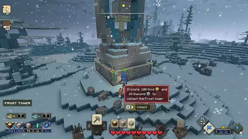 minecraft legends power towers bauen sammeln freischalten frostschutz sprengen betäuben ressourcenkosten