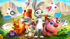 Screenshot für Solitaire Grand Harvest Free Links Guide mit einigen Farmyard-Freunden, die mit dem Maskottchen-Hund herumhängen
