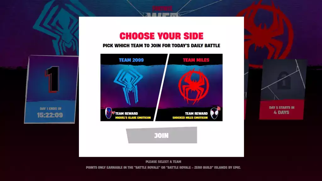 Wählen Sie in Fortnite Web Battles Ihre Seite aus Team 2099 und Team Miles.  (Bild: Epic Games)