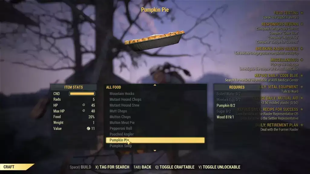 Kürbiskuchen in Fallout 76 zubereiten