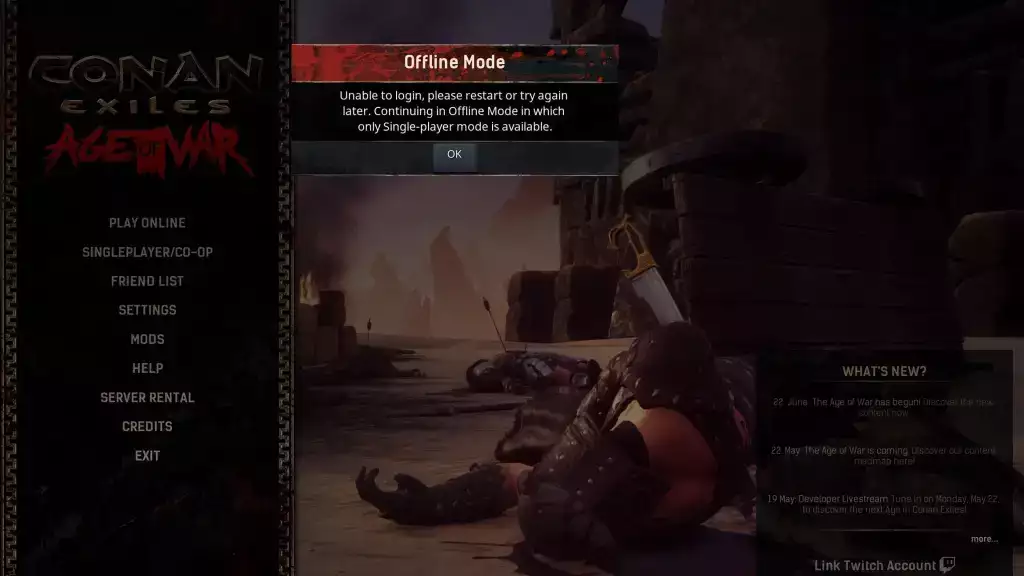 Conan Exiles Support-Anleitung: Anmeldefehler im Offline-Modus im Popup-Fenster des Spiels