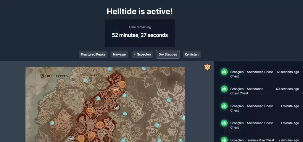 Diablo 4 Helltides Spawn-Karten-Tracker, wenn die Startzeiten den Countdown beenden