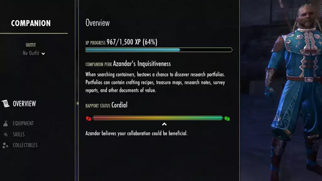 Elder Scrolls Online Necrom Companion Guide Azandar Al Cybiades Rapport Companion Menu