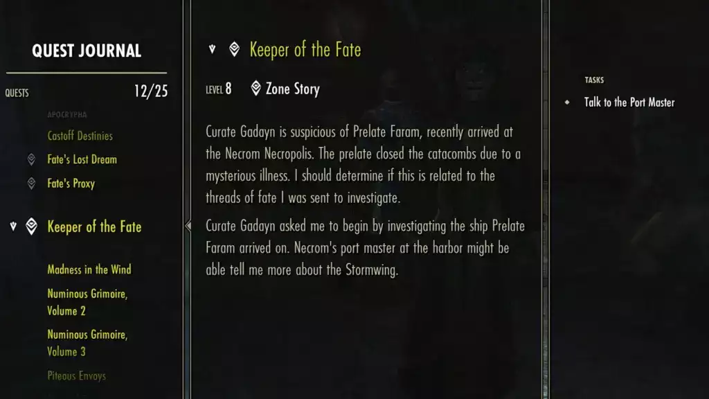 The Elder Scrolls Online Quest Guide Necrom Keeper of the Fate Quest Log Kurat Gadayn