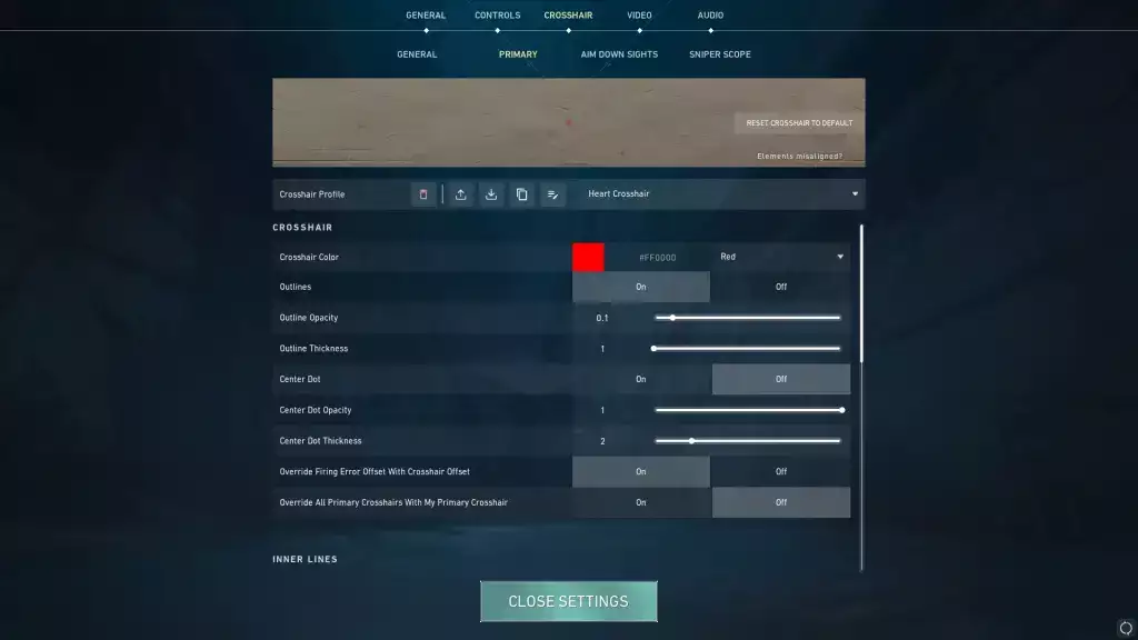 Herz-Fadenkreuz-Einstellungen in Valorant.